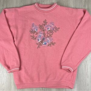 Antero Natural Designs Pink Butterfly Embroidered Sweatshirt Small Cottagecore